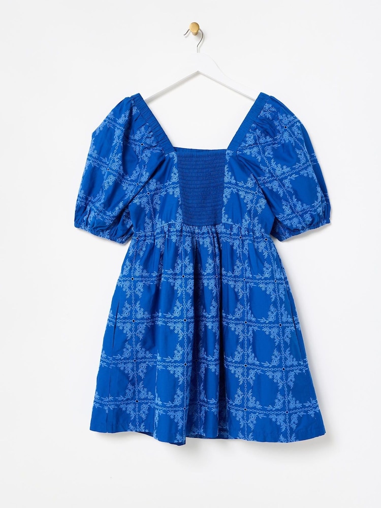Oliver Bonas Blue Floral Print Broderie Tile Puff Sleeve Mini Dress - Image 4 of 7