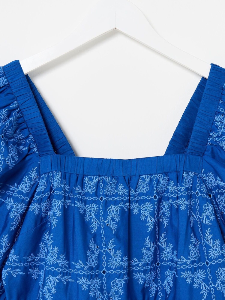 Oliver Bonas Blue Floral Print Broderie Tile Puff Sleeve Mini Dress - Image 5 of 7