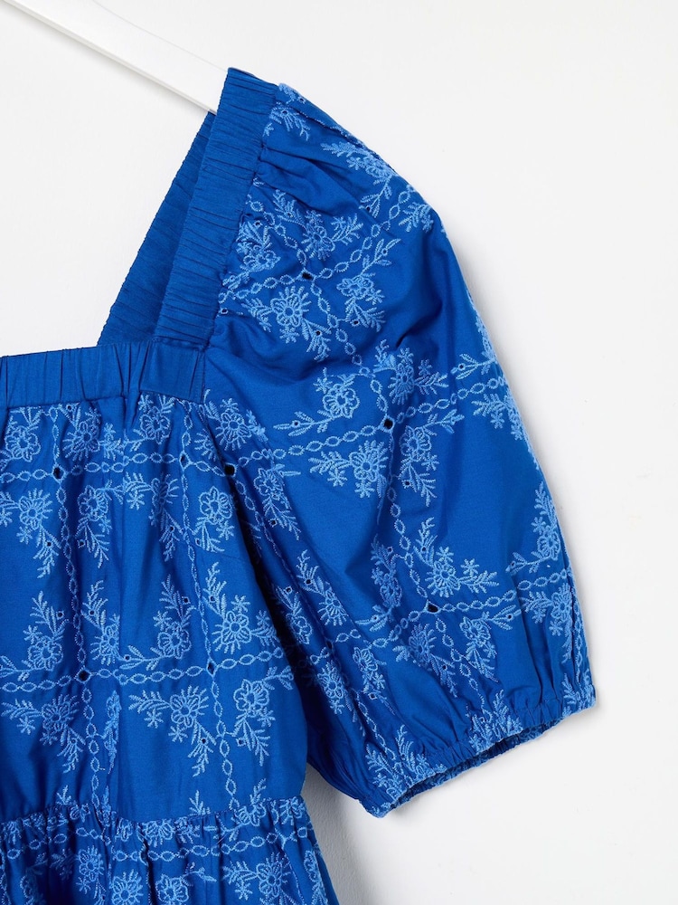 Oliver Bonas Blue Floral Print Broderie Tile Puff Sleeve Mini Dress - Image 6 of 7