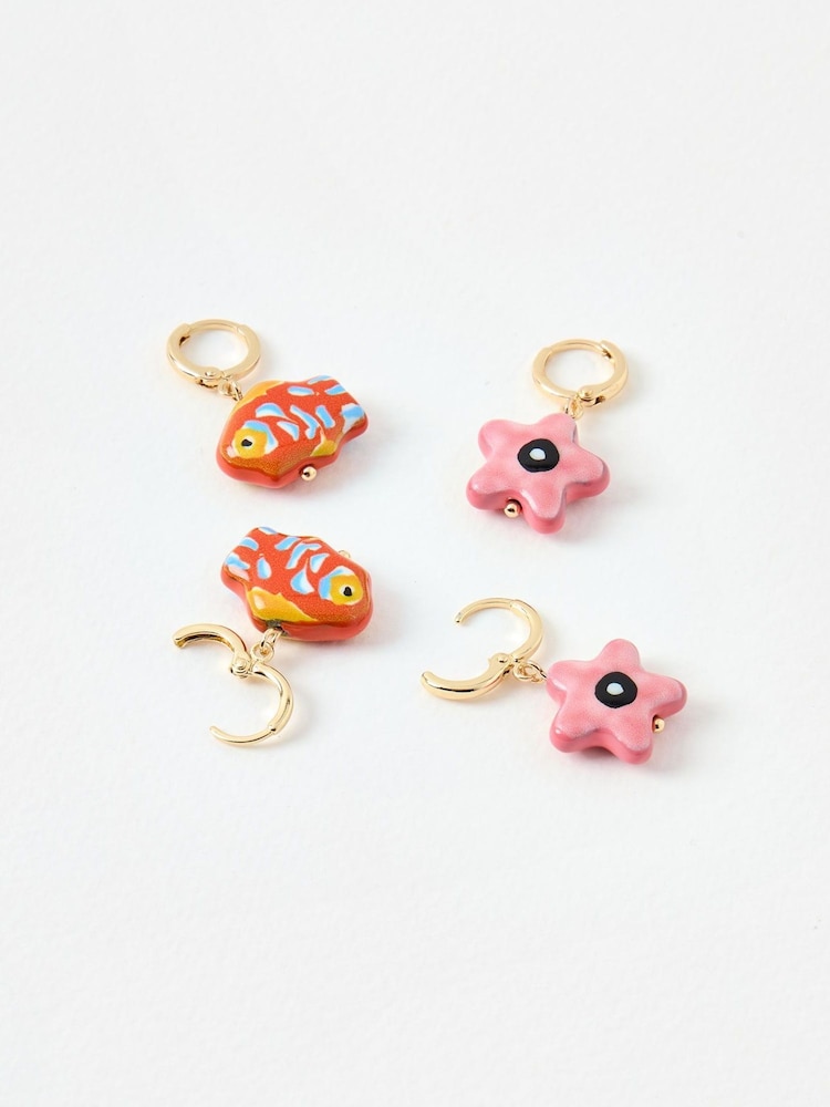 Oliver Bonas Pink Kailea Ceramic Fish & Starfish Charm Huggie Earrings 4 Pack - Image 2 of 6