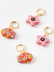 Oliver Bonas Pink Kailea Ceramic Fish & Starfish Charm Huggie Earrings 4 Pack - Image 3 of 6
