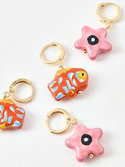 Oliver Bonas Pink Kailea Ceramic Fish & Starfish Charm Huggie Earrings 4 Pack - Image 4 of 6