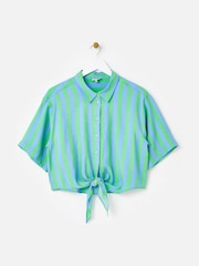 Oliver Bonas Green Striped Tie Front Short Sleeve Shirt - Image 1 of 5