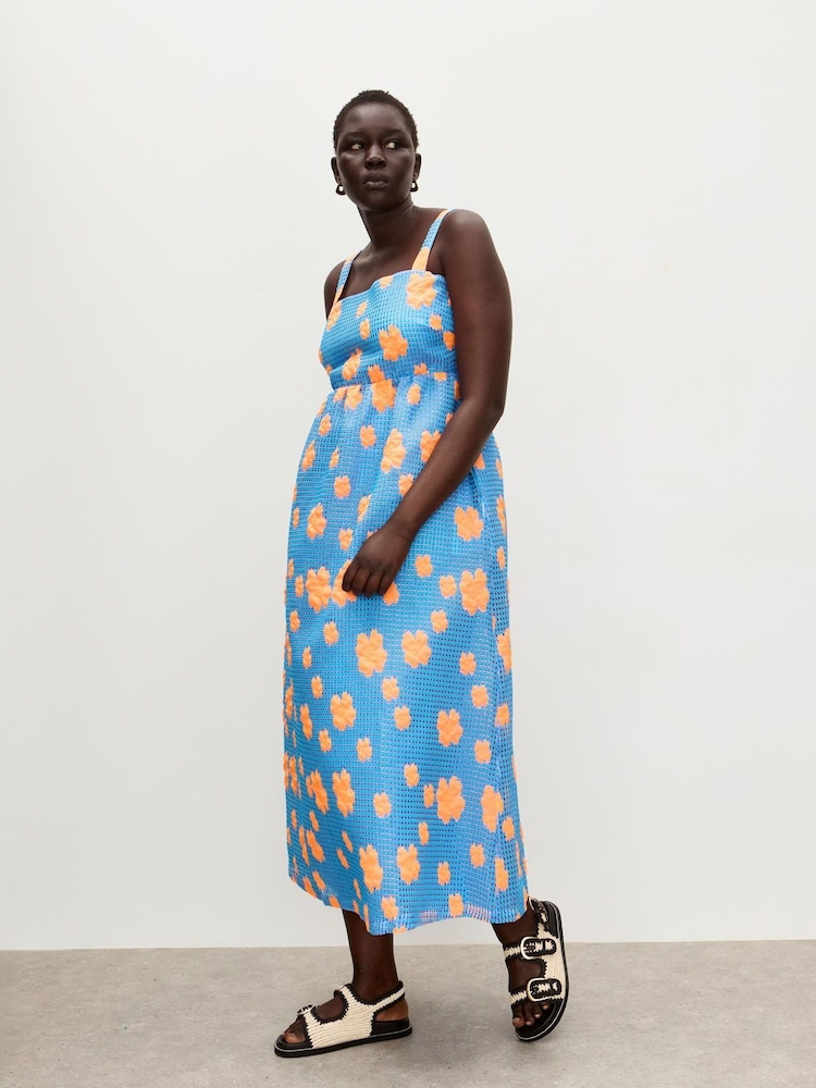 Oliver Bonas Blue Floral Print Jacquard Square Neck Midi Dress - Image 2 of 7