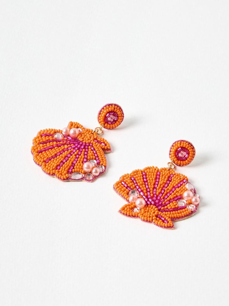 Oliver Bonas Orange Large Callia Beaded Shell & Faux Pearl Statement Earrings - Image 2 of 5 Oliver Bonas Orange Large Callia Beaded Shell & Faux Pearl Statement Earrings - Image 2 of 5