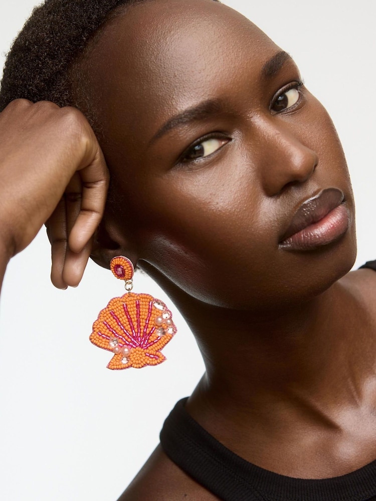 Oliver Bonas Orange Large Callia Beaded Shell & Faux Pearl Statement Earrings - Image 5 of 5
