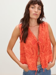 Oliver Bonas Orange Embroidered Scalloped Tie Front Waistcoat - Image 1 of 7