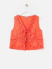 Oliver Bonas Orange Embroidered Scalloped Tie Front Waistcoat - Image 3 of 7