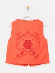 Oliver Bonas Orange Embroidered Scalloped Tie Front Waistcoat - Image 4 of 7
