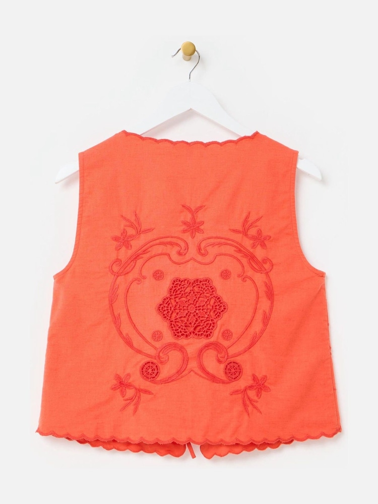 Oliver Bonas Orange Embroidered Scalloped Tie Front Waistcoat - Image 4 of 7