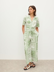 Oliver Bonas Green Summer Tile Print Linen Blend Jumpsuit - Image 1 of 8