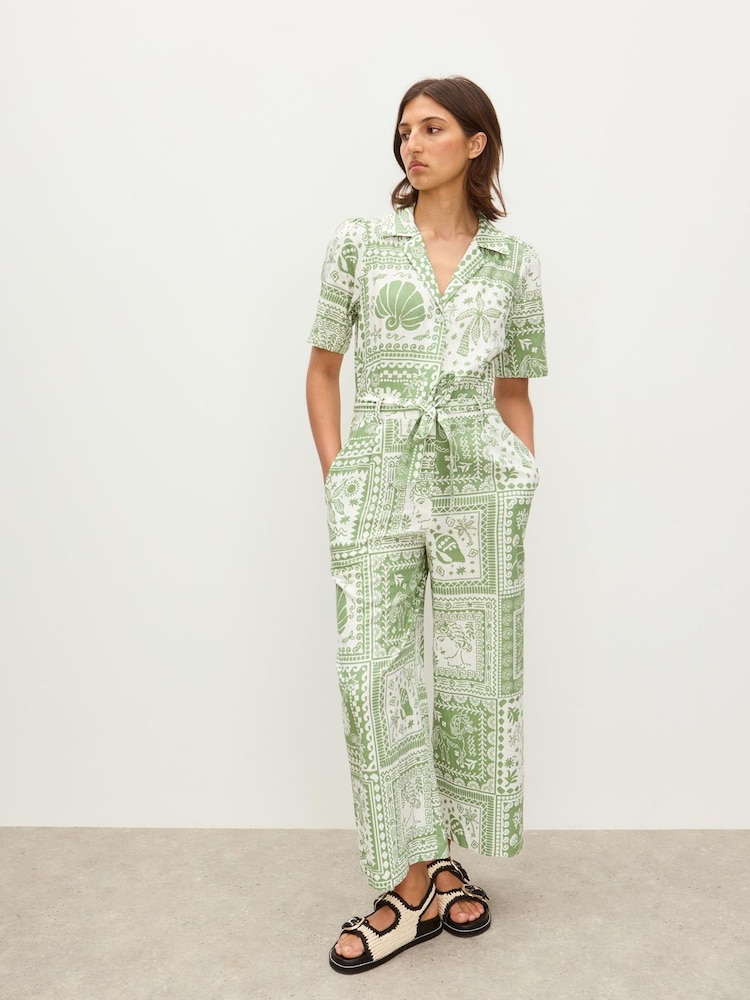 Oliver Bonas Green Summer Tile Print Linen Blend Jumpsuit - Image 1 of 8