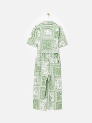 Oliver Bonas Green Summer Tile Print Linen Blend Jumpsuit - Image 4 of 8