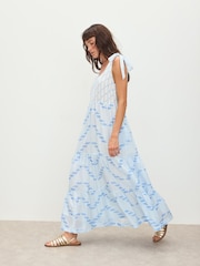 Oliver Bonas Blue Geometric Tie Strap Tiered Midi Dress - Image 1 of 7