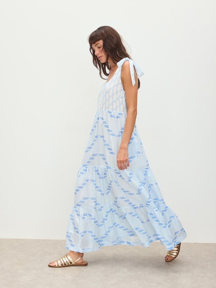 Oliver Bonas Blue Geometric Tie Strap Tiered Midi Dress - Image 1 of 7