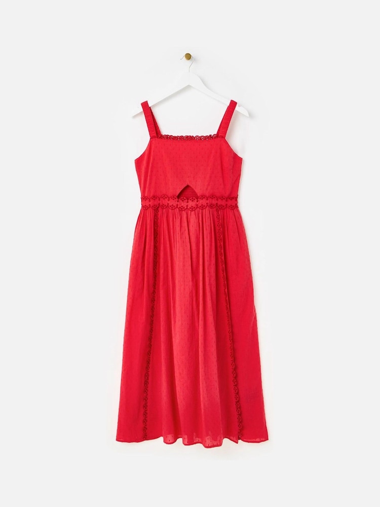 Oliver Bonas Red Broderie Frill Square Neck Dobby Midi Dress - Image 1 of 6