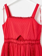 Oliver Bonas Red Broderie Frill Square Neck Dobby Midi Dress - Image 3 of 6