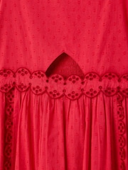Oliver Bonas Red Broderie Frill Square Neck Dobby Midi Dress - Image 4 of 6