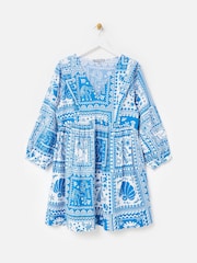 Oliver Bonas Blue Summer Tile Print Seersucker Mini Dress - Image 1 of 5