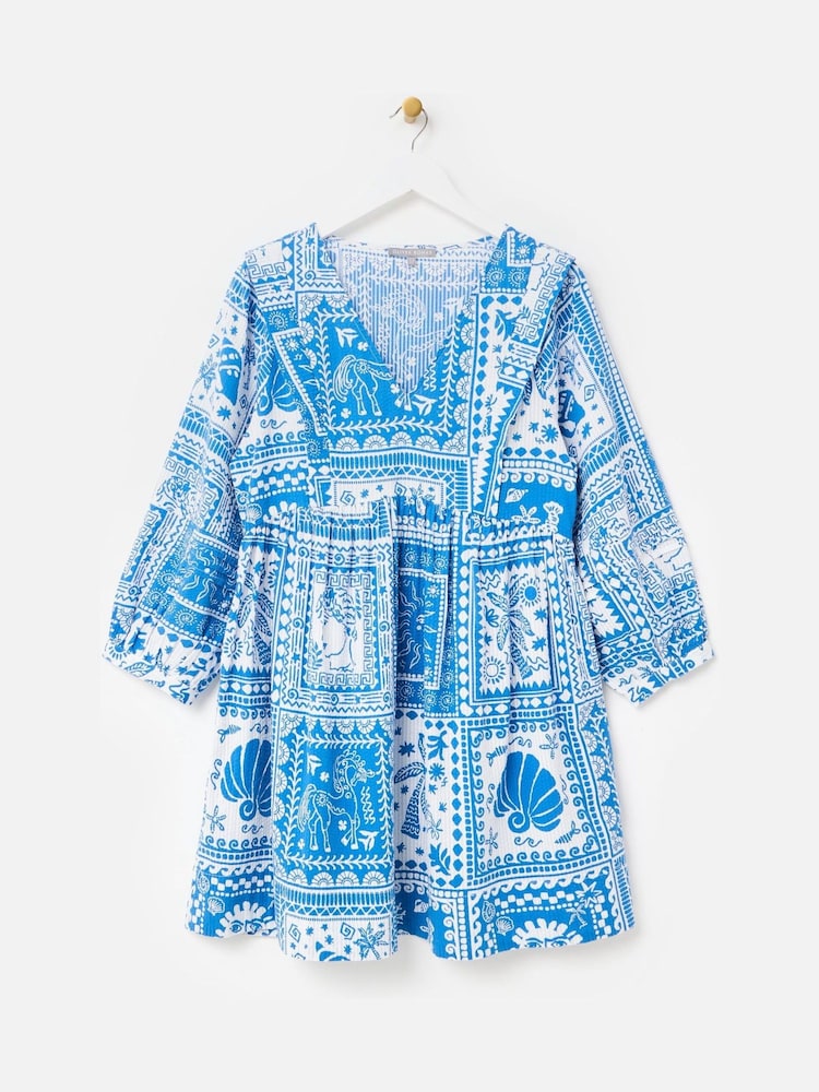 Oliver Bonas Blue Summer Tile Print Seersucker Mini Dress - Image 1 of 5
