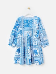 Oliver Bonas Blue Summer Tile Print Seersucker Mini Dress - Image 2 of 5
