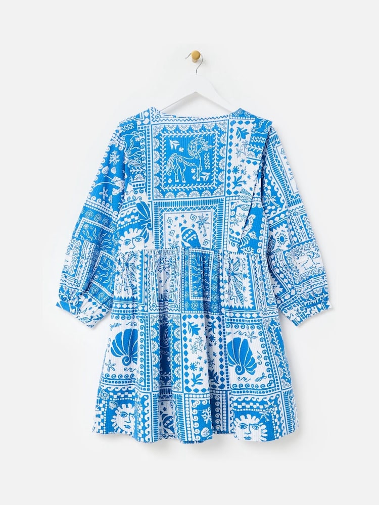 Oliver Bonas Blue Summer Tile Print Seersucker Mini Dress - Image 2 of 5