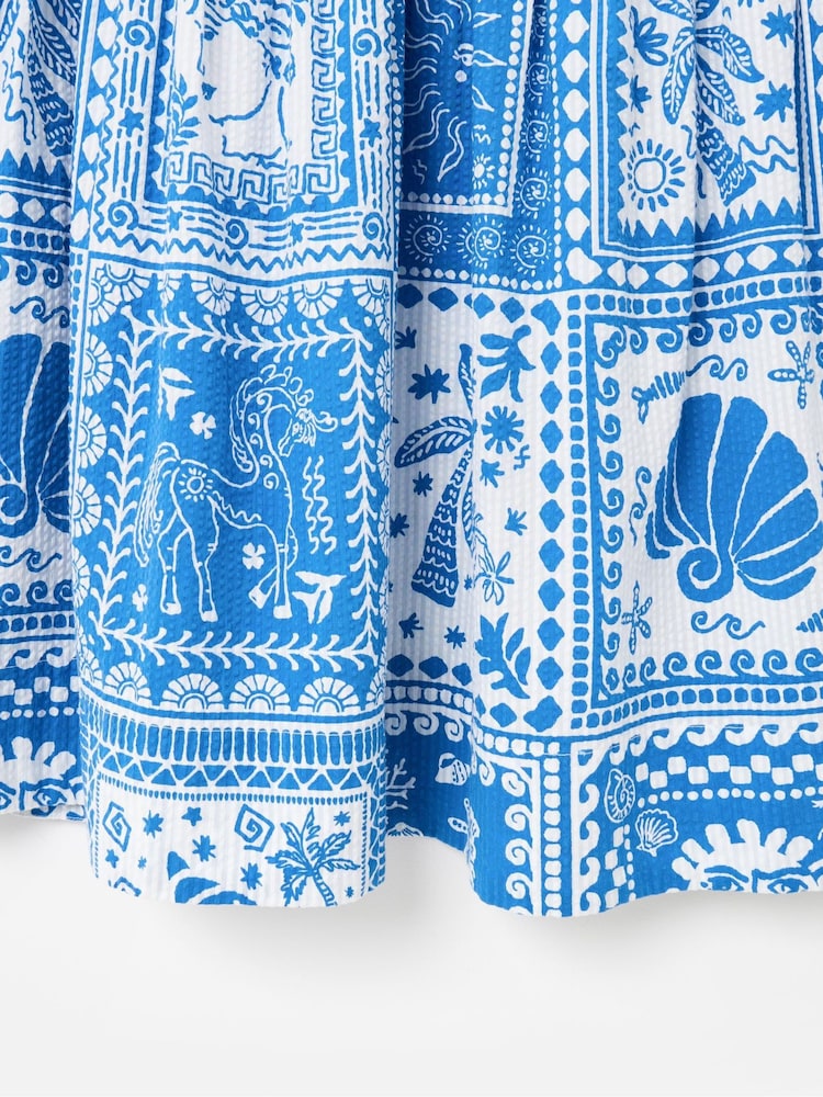 Oliver Bonas Blue Summer Tile Print Seersucker Mini Dress - Image 5 of 5