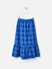 Oliver Bonas Blue Floral Print Broderie Tile Midi Skirt - Image 1 of 5
