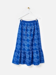 Oliver Bonas Blue Floral Print Broderie Tile Midi Skirt - Image 2 of 5