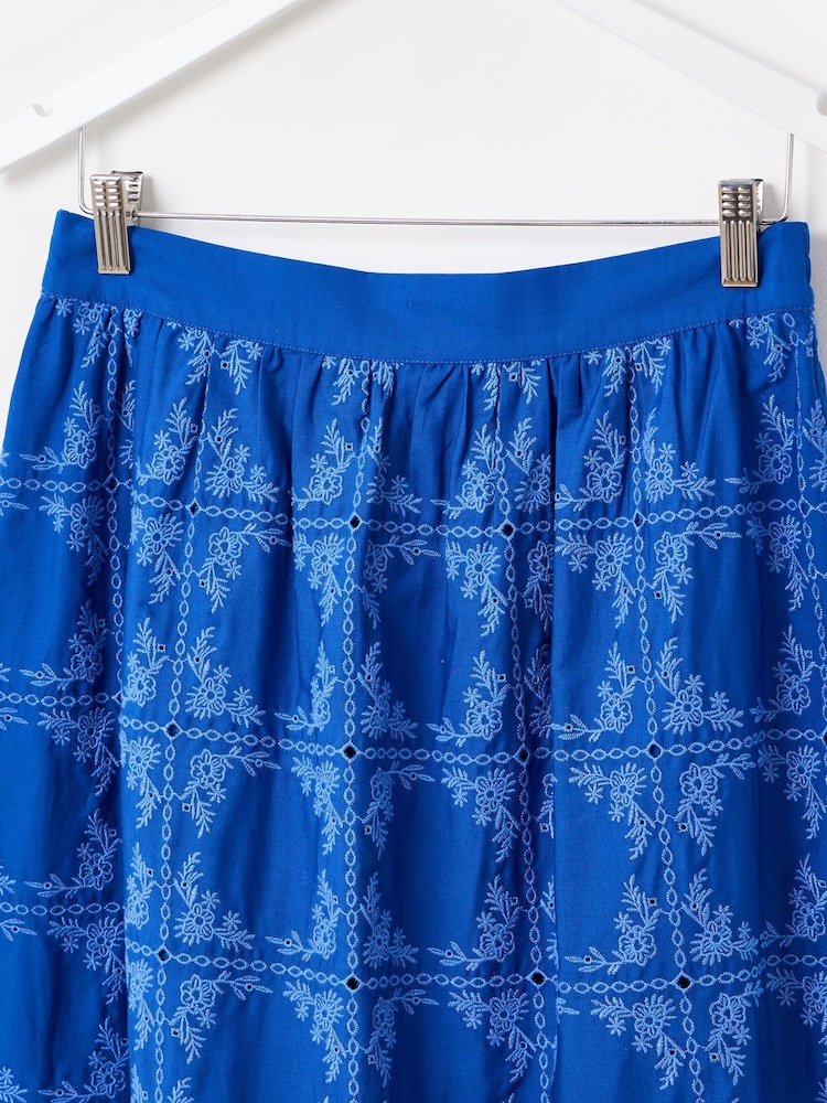 Oliver Bonas Blue Floral Print Broderie Tile Midi Skirt - Image 3 of 5