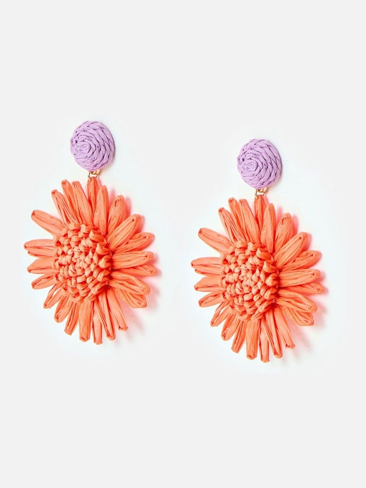 Oliver Bonas Orange Willa Raffia Flower Earrings - Image 1 of 5