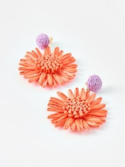 Oliver Bonas Orange Willa Raffia Flower Earrings - Image 2 of 5