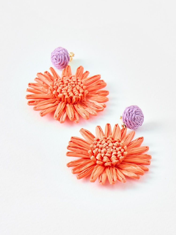 Oliver Bonas Orange Willa Raffia Flower Earrings - Image 2 of 5