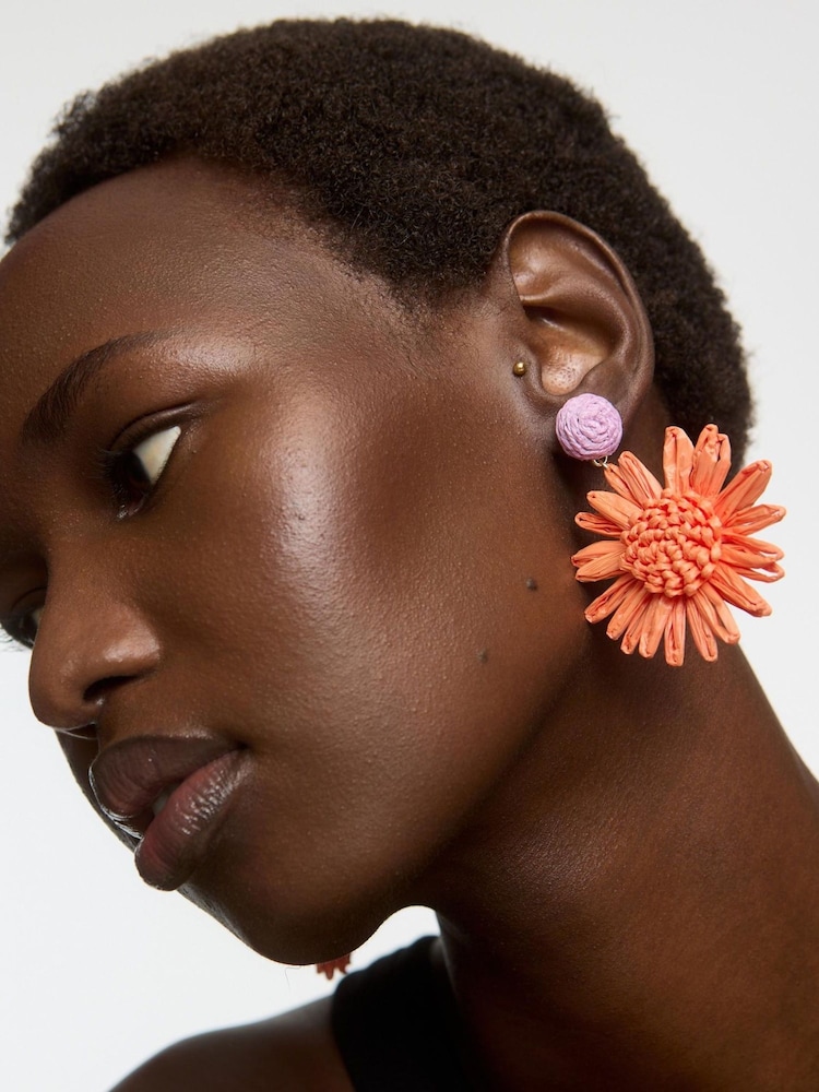 Oliver Bonas Orange Willa Raffia Flower Earrings - Image 5 of 5