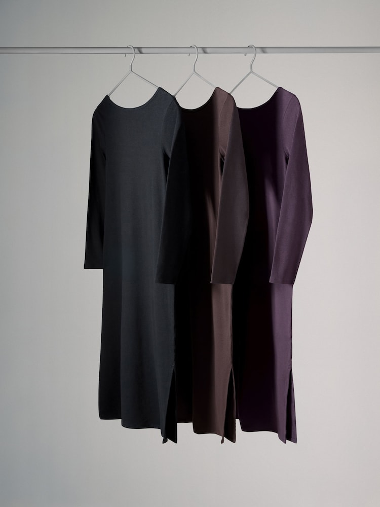 The Set Black/Plum Purple/Chocolate Brown 3 Pack Scoop Back Ribbed Bodycon Dress - Image 1 of 4