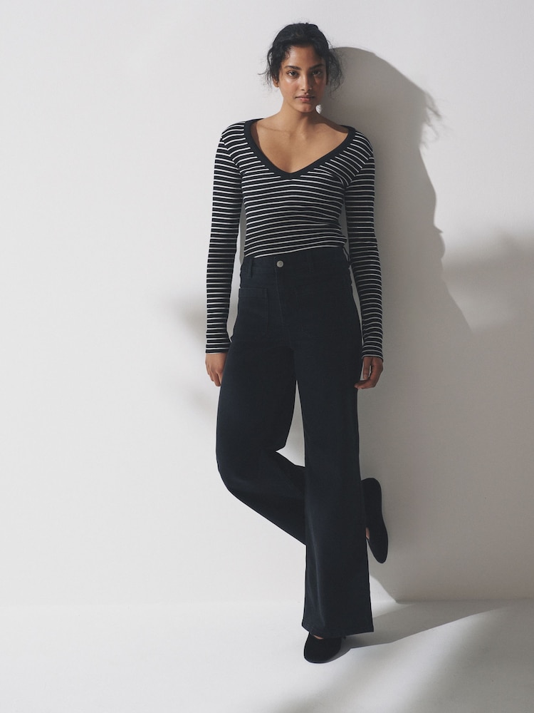 The Set 4 Pack V-Neck Ribbed Long Sleeve T-Shirts Black/Stripe/Grey/White - Image 2 of 5 The Set 4 Pack V-Neck Ribbed Long Sleeve T-Shirts Black/Stripe/Grey/White - Image 2 of 5