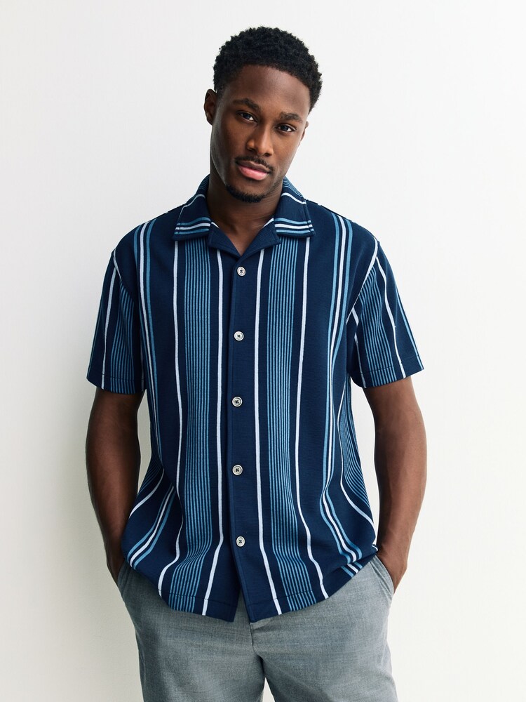 Navy Regular Fit Stripe Short Sleeve Jersey Shirt - Image 1 of 7 Navy Regular Fit Stripe Short Sleeve Jersey Shirt - Image 1 of 7