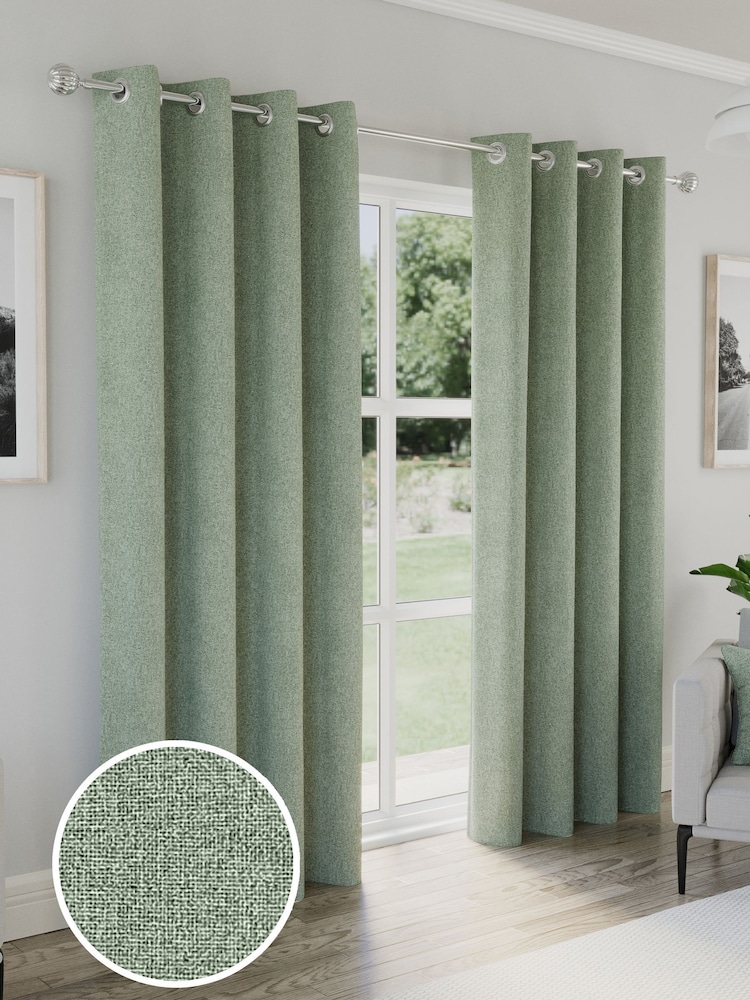 Enhanced Living Green Austin Blackout Thermal Linen Look Pair of Eyelet Curtains - Image 1 of 5