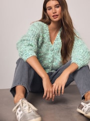 Bright Green Neppy Fuzzy Texture V-Neck Cardigan - Image 5 of 8