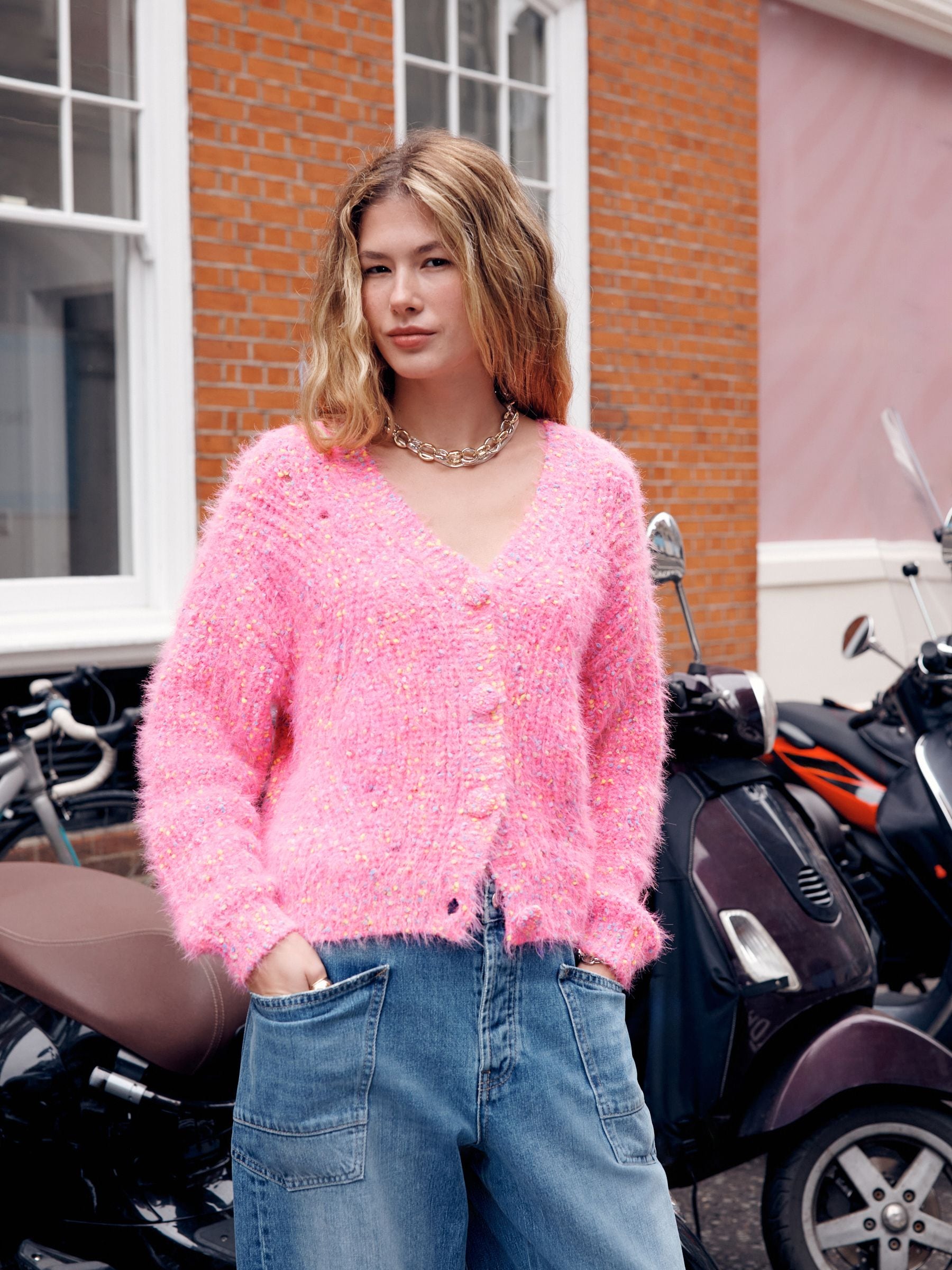 Buy Bright Pink Neppy Fuzzy Texture V-Neck Cardigan from the Next