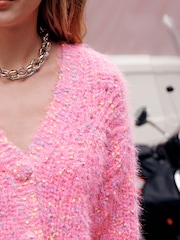 Bright Pink Neppy Fuzzy Texture V-Neck Cardigan - Image 5 of 8