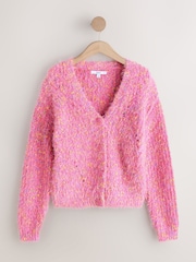 Bright Pink Neppy Fuzzy Texture V-Neck Cardigan - Image 6 of 8
