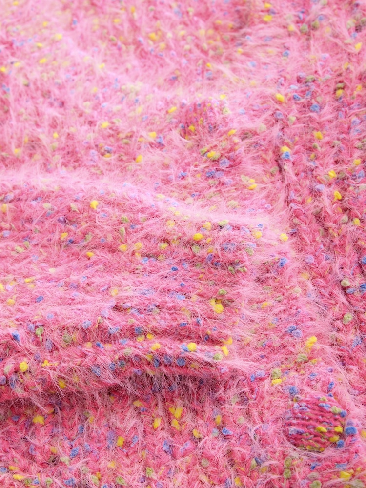 Bright Pink Neppy Fuzzy Texture V-Neck Cardigan - Image 8 of 8