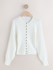 White Ribbed Volume Sleeve Knitted Cardigan - Image 1 of 3
