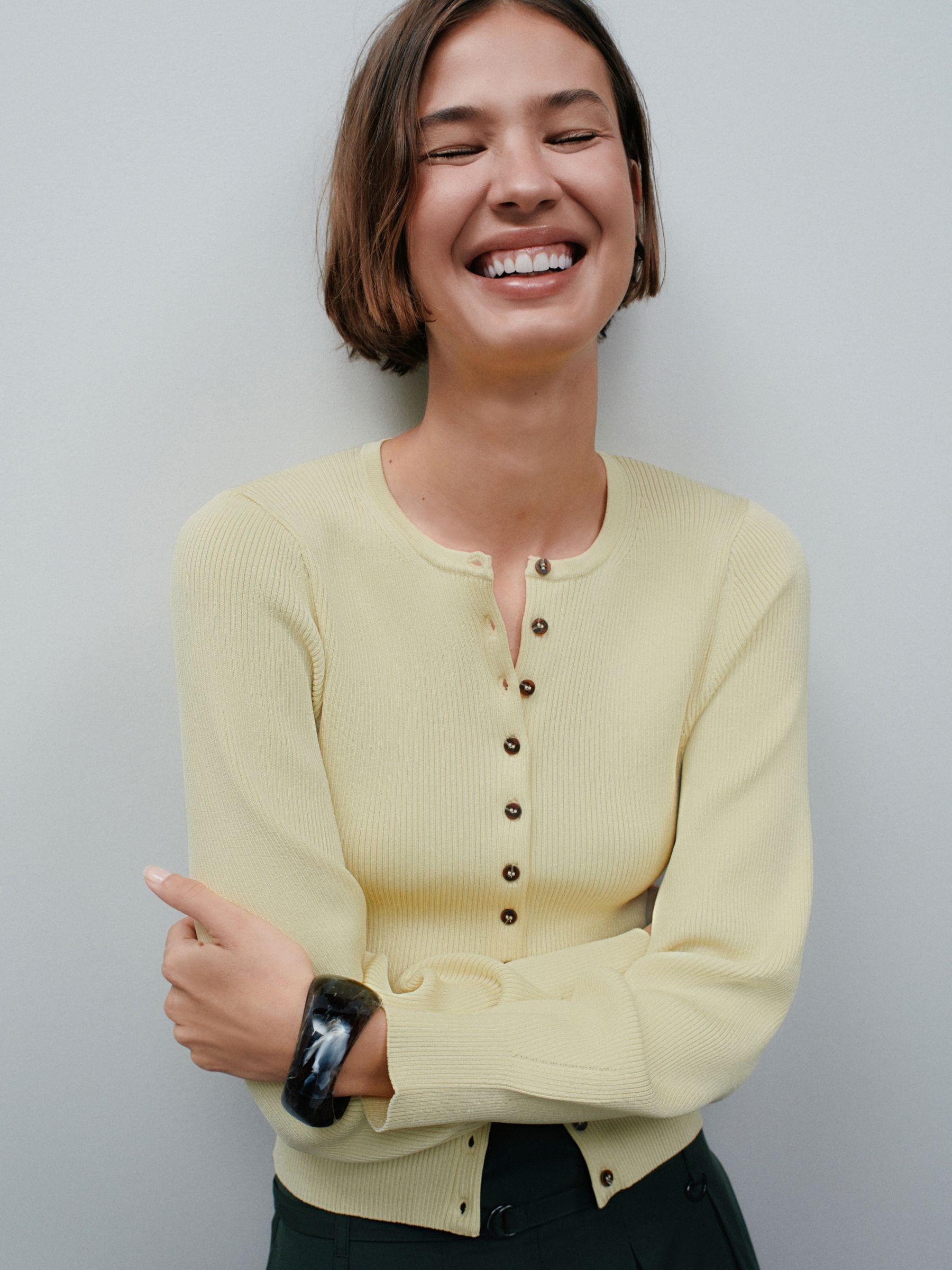 Buy Yellow Ribbed Volume Sleeve Knitted Cardigan from the Next UK