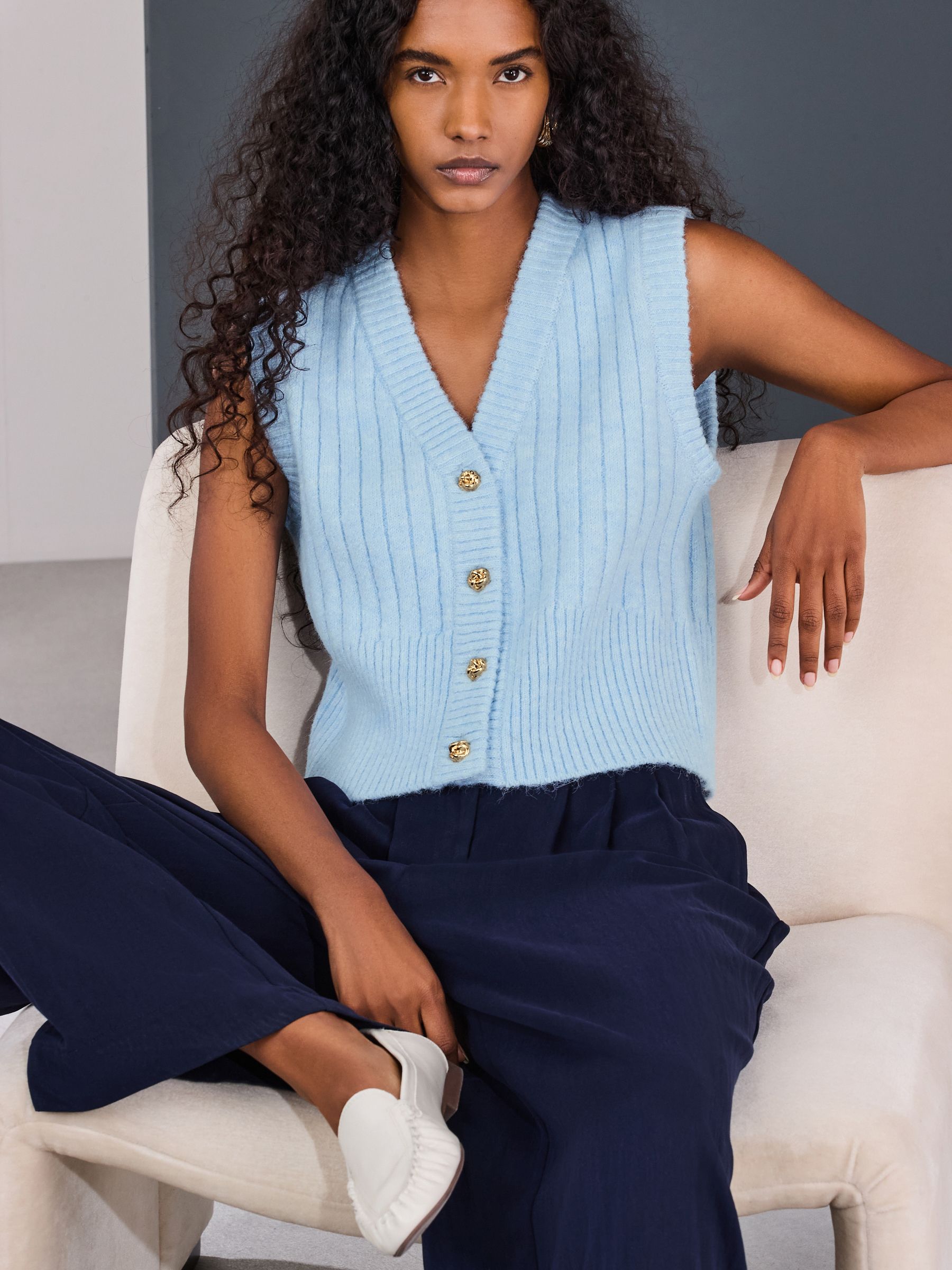 Buy Light Blue Rib Knitted Gold Button Waistcoat With Wool from