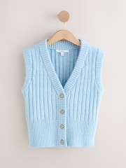 Light Blue Rib Knitted Gold Button Waistcoat With Wool - Image 1 of 3