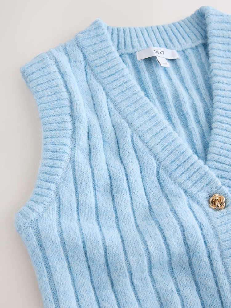 Light Blue Rib Knitted Gold Button Waistcoat With Wool - Image 2 of 3 Light Blue Rib Knitted Gold Button Waistcoat With Wool - Image 2 of 3
