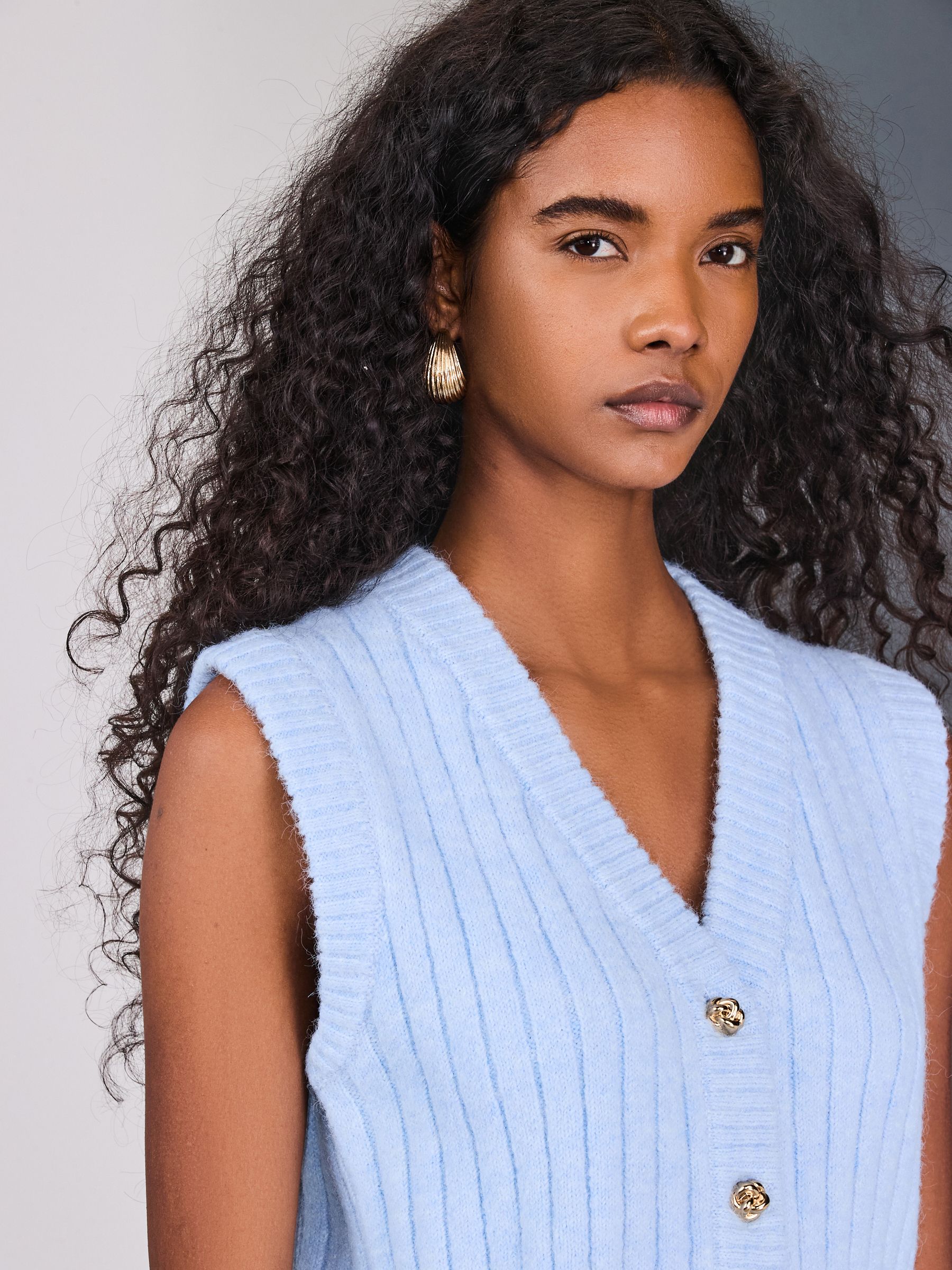 Buy Light Blue Rib Knitted Gold Button Waistcoat With Wool from