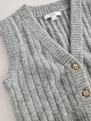 Grey Rib Knitted Gold Button Waistcoat With Wool - Image 2 of 3